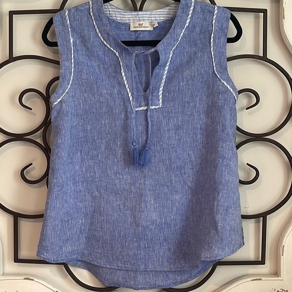 EUC VINEYARD VINES 100% LINEN NOTCH NECK TASSEL TANK BLUE/WHITE SIZE EXTRA SMALL - Picture 1 of 7